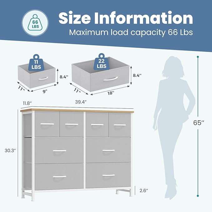 DUMOS TV Stand, Dresser with 8 Fabric Drawers, Spacious Storage Tower for Closet, TV Stand with Wood Top and Mental Frame, Storage Unit for Living Rooms, Bedroom and Entryway, Light Grey