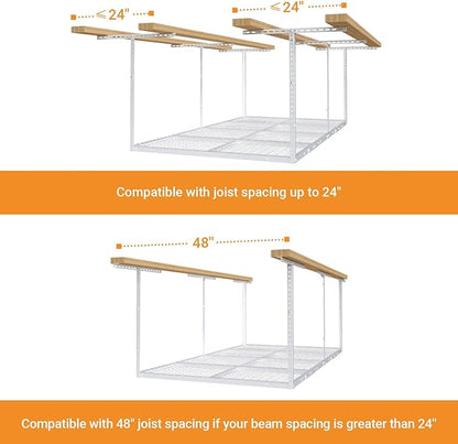 4ftx8ft Overhead Garage Storage Rack, Heavy-Duty Metal Garage Ceiling Storage Rack, 22''-40" Adjustable Ceiling Drop-Down, 600 lb. Loading Weight Capacity, White