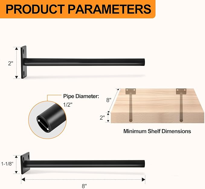 12 Pcs 8" Black Steel Floating Shelf Bracket Blind Shelf Supports - Hidden Brackets for Floating Wood Shelves - Concealed Blind Shelf Support – Screws and Wall Plugs Included