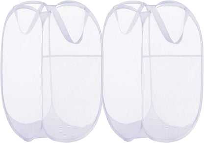 BATTOO Deluxe Strong Mesh Pop up Laundry Hamper Basket with Side Pocket for Laundry Room, Bathroom, Kids Room, College Dorm or Travel 2 Pack White