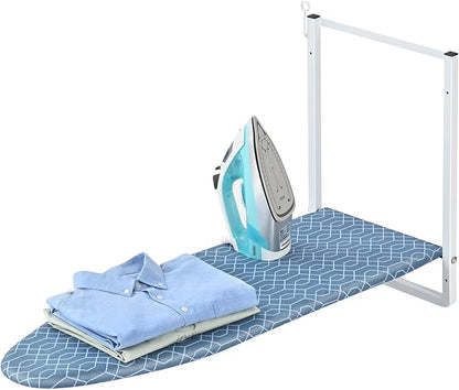 KINGBOARD Wall Mounted Ironing Board with Iron Holder, Compact Ironing Board for Small Spaces, Foldable Iron Stand Heat Resistant Cover, 36" X 12" Deep Blue