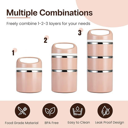 Lille Home Stackable Stainless Steel Lunch Containers, 43OZ Capacity 3 Layers Leakproof Bento Box for Adult, Portable Lunch Box for Women, Man, Travel, Office with Lunch Bag (Gold.Pro)