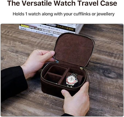 CONTACTS Crazy Horse Leather Watch Case and Cufflink Storage Box for Men Small Travel Zipper Jewelry Accessory Organizer