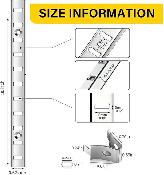 6 Pcs 36 Inch Shelf Pilaster Adjustable Shelf Brackets Stainless Steel Mortise Mount Pilaster Strip Standards with 12 Shelf Clips and Screws for Wall Shelving System Closet Organization Storage