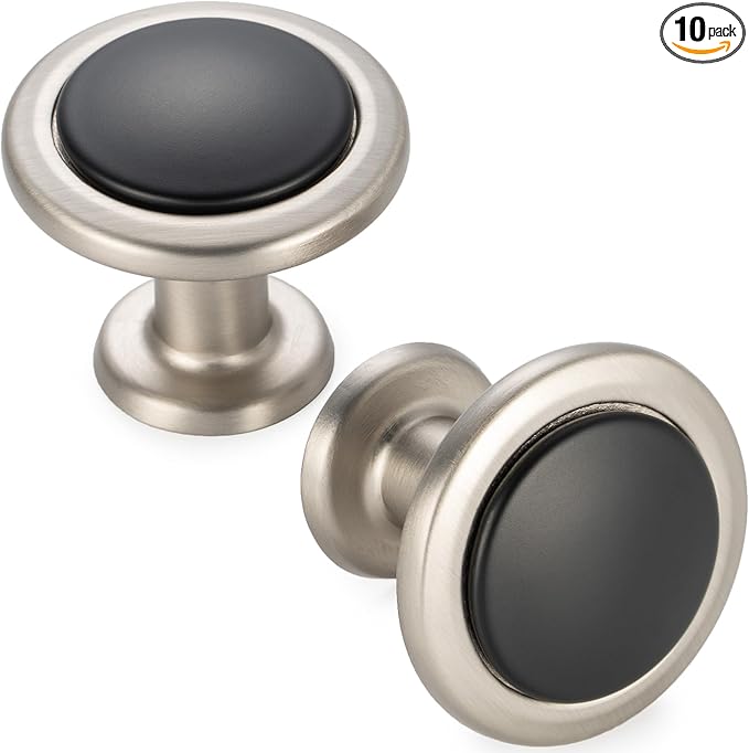 KOOFIZO 10 Pack Black and Nickel Kitchen Cabinet Knobs Matte Black and Silver Drawer Knobs 1960 Round Single Hole Cabinet Pulls for Cabinets Drawers Dresser Cupboard Bedroom Bathroom