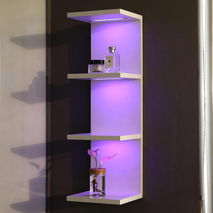 4 Tier RGB Wall Shelf-Gaming Shelf with Remote Control, Lack Shelves with Light for Bedroom | Easy to Install Cosmetic & Display Modern Shelf, White