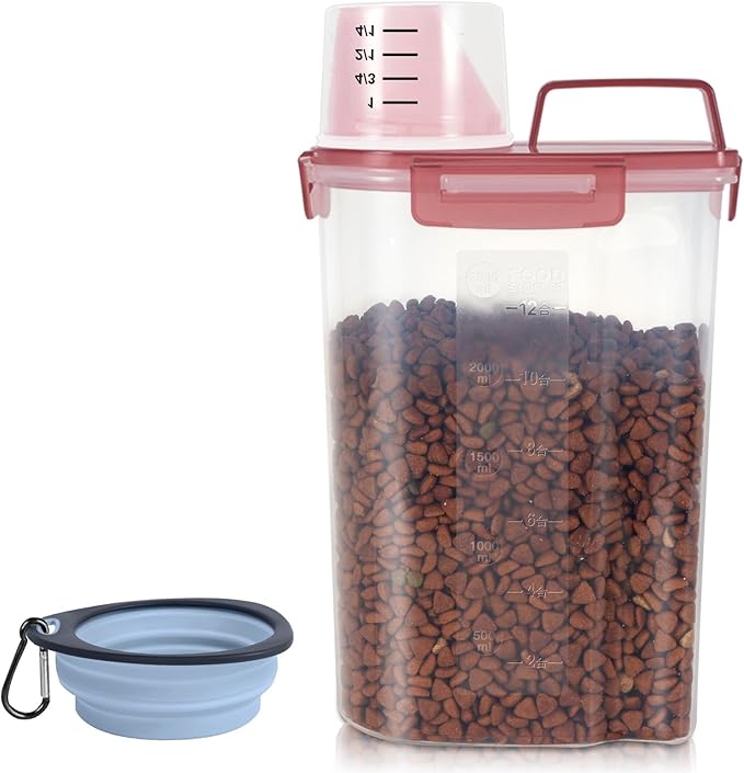 Airtight Small Cat Dog Pet Food Storage Containers BPA Free, with Large Pour Spout/1 Measuring Cup/ 4 Safety Locks and Double-layer Silicone Strip (Clear Pink, 3L-1pack)