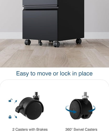 2 Drawer File Cabinet with Lock, Metal Under Desk Rolling Filing Cabinet fits Letter/Legal/A4 Size for Home Office, Mobile Filing Cabinets, Assemble Required, Black