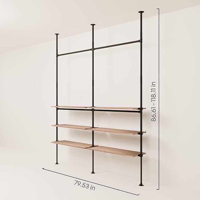 pamo Industrial Pipe Clothing Rack with Shelf - 400 lbs Capacity - Clamping Clothes Rack and Walk In Closet with Oak Shelf for Wardrobe