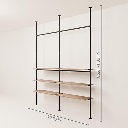 pamo Industrial Pipe Clothing Rack with Shelf - 400 lbs Capacity - Clamping Clothes Rack and Walk In Closet with Oak Shelf for Wardrobe
