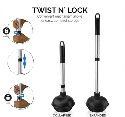 NEIKO 60168A Toilet Plunger Set, 4 Piece, Bonus Mini Sink & Drain Plunger, Toilet Bowl Brush & Caddy, Patented All-Angle Design, Telescopic Aluminum Handle, Bathroom Toilet Brush and Plunger Set