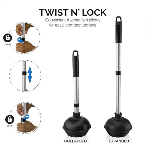 NEIKO 60168A Toilet Plunger Set, 4 Piece, Bonus Mini Sink & Drain Plunger, Toilet Bowl Brush & Caddy, Patented All-Angle Design, Telescopic Aluminum Handle, Bathroom Toilet Brush and Plunger Set