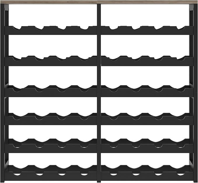 6 Tier Bamboo Wine Rack Freestanding Floor, 48 Bottles Wine Storage Shelves with Table Top, Stackable Wine Display Rack for Kitchen, Bar, Dining Room (Ivory White and Black, 48 Bottles)