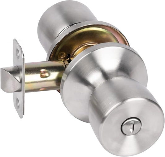 HOSOM Privacy Door Knob with Lock, Interior Door Knob for Bedroom and Bathroom, Keyless Doorknob with Round Ball, Satin Nickel Door Knob Lock, Interior Door Handle