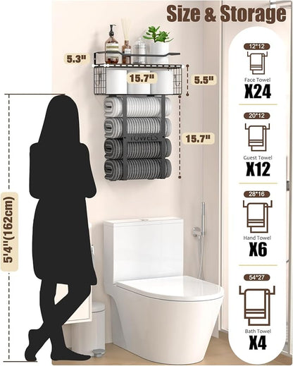 Rustic Brown Wood Vertical Towel Rack - Bath Wall Holder Set Above Toilet Storage, Rolled Towel Shelf Organizer for Small Bathrooms