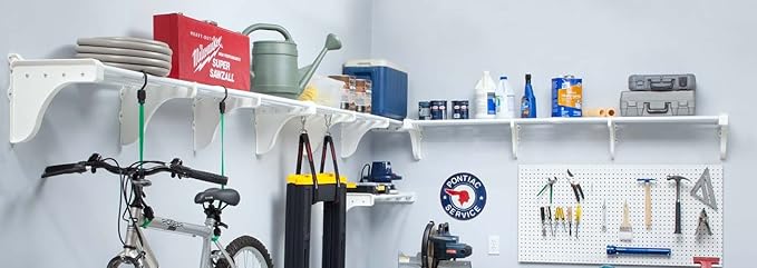 EZ Shelf-Expandable-Garage Shelf- -White- Easy to Install -Strong (up to 250 Lbs)- Wire Shelving Alternative –Wall Mounted Garage Shelf Organizer (White, 40.5"-290")