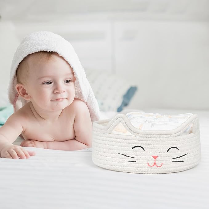 ZLG Round Woven Storage - Baby Diaper, Towel, Dog Toy & Decor Gift Basket - White - 9.8 x 4 inches