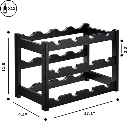 VASMIA Bamboo Wine Rack, Sturdy and Durable Wine Storage Cabinet Shelf, Wine Racks Countertop for Pantry,Kitchen,3-Tier 12 Bottles Wine Rack Black