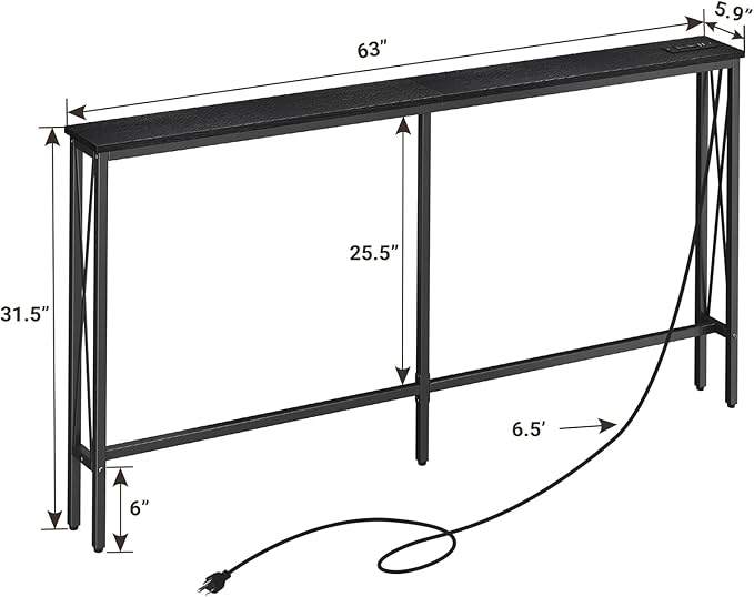 ELYKEN 5.9" Narrow Console Sofa Table with Power Outlets, 5.9" Dx63 Wx31.5 H Long Skinny Behind Couch Table with “X” Cross Metal Frame and Charge Station with 6.5’ Extension Cord, Black
