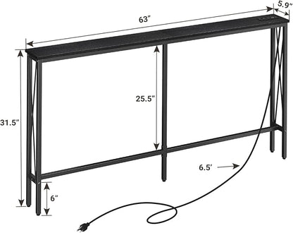 ELYKEN 5.9" Narrow Console Sofa Table with Power Outlets, 5.9" Dx63 Wx31.5 H Long Skinny Behind Couch Table with “X” Cross Metal Frame and Charge Station with 6.5’ Extension Cord, Black