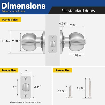 Privacy Door Knob Keyless Door Knobs Interior with Lock Bathroom Door Knob with Lock Satin Nickel Doorknob, 3 Pack