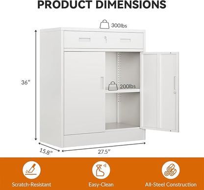 BESFUR Metal Garage Storage Cabinet with One Lockable Drawer 2 Locking Doors and an Adjustable Shelf, 36" White Metal Short Storage Cabinet for Home Office, Garage,School,Utility Room