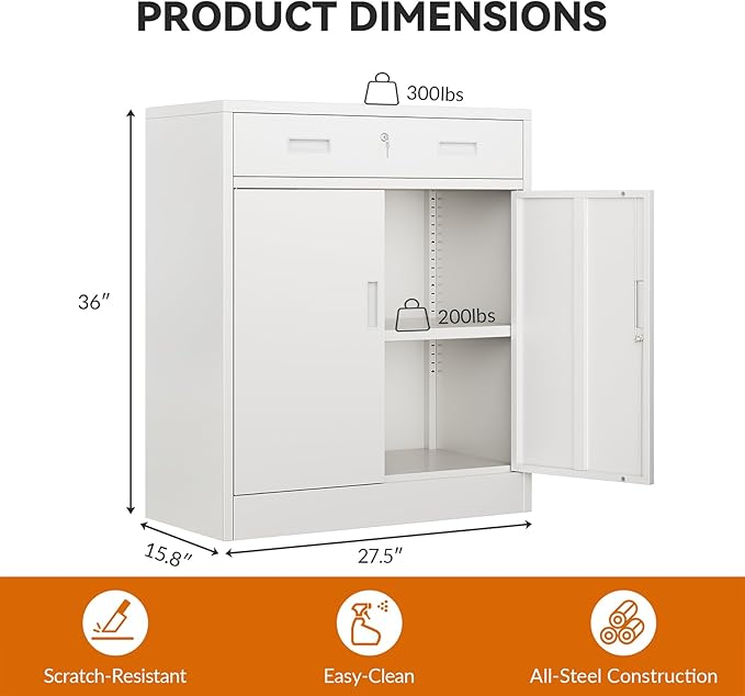 BESFUR Metal Storage Cabinet, Garage Storage Cabinet with One Drawer and Adjustable Shelf, Locking Short Storage Cabinet for Office Garage Home, White Metal Cabinets(36" H x 27.5" W x 16" D)