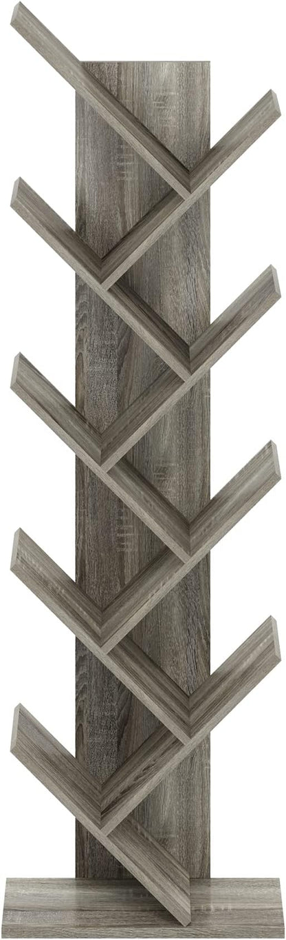 Furinno TREE Book Shelf, 9-Tier Bookshelf, Tree Bookcase with Angled Open Shelf, 8.4" x 15.7" x 50.9", for Room Decor, for Living Room, Bedroom, Home Office, French Oak