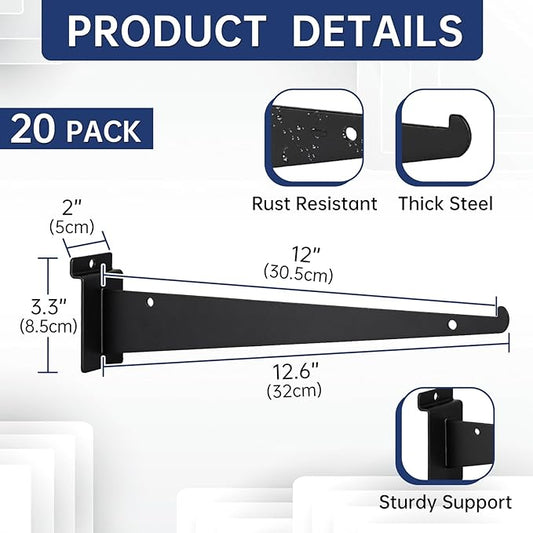 20 Pack Metal Slatwall Shelf Brackets with Lip Heavy Duty, Slatwall Accessory for Panels Shelving, Garage, Retail Display (Black, 12 Inch)