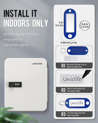 Uniclife 48 Position Key Cabinet with Combination Lock Resettable White Digital Security Storage Box Steel Key Organizer with Colorful Key Tag Labels Stickers and Hooks