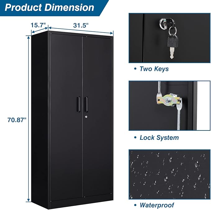 Metal Garage Storage Cabinet, 71-inch Tool Cabinet with 5 Adjustable Shelves & Locking Doors, Tool Cabinets for Garage,Office,Home,School,Gym Storage (Black)