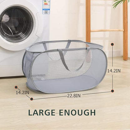 Pop Up Laundry Hamper,Collapsible Horizontal Baskets with Handles & Side Pocket,Foldable Sturdy mesh for Laundry Room,Bathroom,Kids Room,College Dorm Travel (Green)