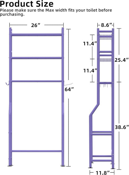 3-Tier Over The Toilet Storage, Freestanding Metal Bathroom Shelves with 4 Hooks, Over Toilet Storage Shelf with Paper Holder, Above The Toilet Shelf for Bathroom Storage, Purple
