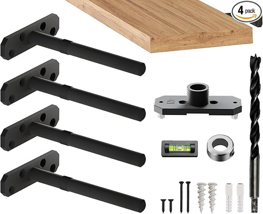 Invisible Floating Shelf Bracket 8 Inch Rod 1/2 inch Diameter Heavy Duty with Jig – Hidden Metal Mantel Mount for Wall Shelves – Floating Shelf Hardware for Bathroom, Kitchen & Living Room (4 Pack)
