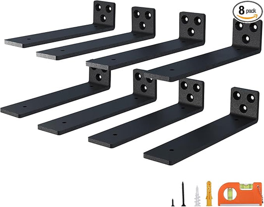 12 Inch Floating Shelf Brackets, Heavy Duty Hidden Bracket for Wall, Mantel, Bookshelves, Black Powder Coated Steel, 8-Pack
