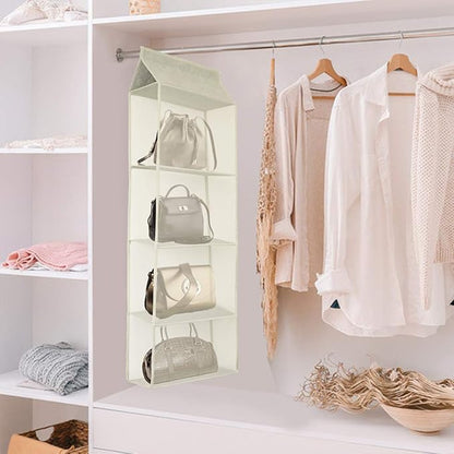 Closet Handbag Purse Holder, Space Saving Hanging Handbag Storage Tote Bag Organizer Holder with 4 Large Heavy-Duty Mesh Shelves for Wardrobe Closet(Pack of 2 Beige)