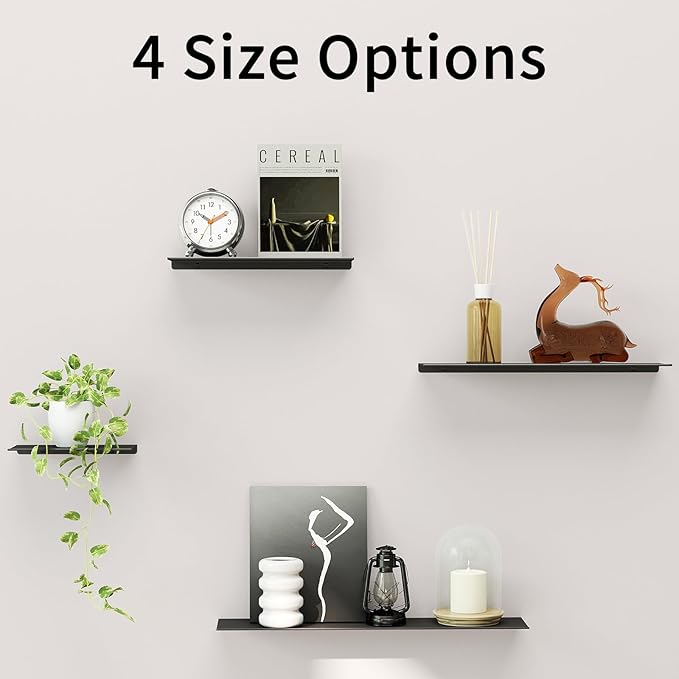 MKO 20" Floating Shelves for Wall, Long Metal Wall Mounted Shelf for Bathroom, Bedroom, Living Room, Kitchen, Display Hanging Shelves for Books/Storage/Room Decor 2 Packs, Black