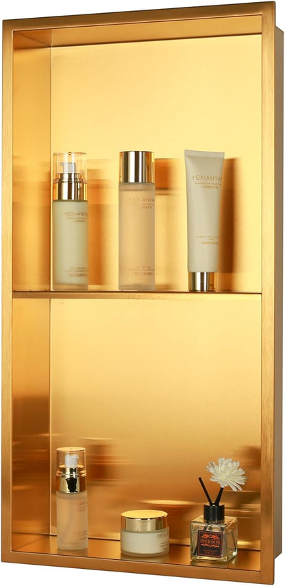 Non Tile Tube Niche Boxes for Showers,Bathroom Niche Double Shelves,Stainless Steel(Gold, 24 * 12 in)