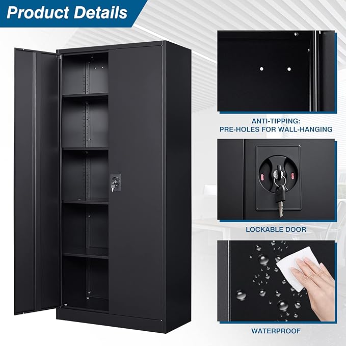 Metal Garage Storage Cabinet, 71" Tool Cabinet with 4 Adjustable Shelves, Metal File Cabinets with Lockable Doors for Garage, Home Office, Gym, School, Utility Room (Black, Assemble Required)