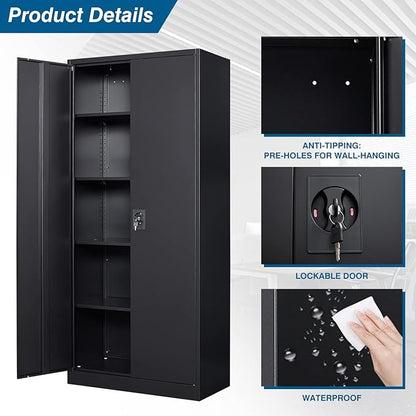 Metal Garage Storage Cabinet, 71" Tool Cabinet with 4 Adjustable Shelves, Metal File Cabinets with Lockable Doors for Garage, Home Office, Gym, School, Utility Room (Black, Assemble Required)