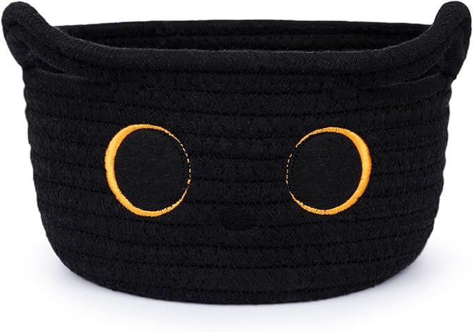 Small Storage Basket, Black Cat Cotton Rope Baskets Woven Blasket for Nursery, Blanket Basket Baby Toy Storage Organizer With Ears for Gifts Cat Dog Bin Toys 8.5×4.5 inches