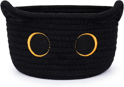 Small Storage Basket, Black Cat Cotton Rope Baskets Woven Blasket for Nursery, Blanket Basket Baby Toy Storage Organizer With Ears for Gifts Cat Dog Bin Toys 8.5×4.5 inches