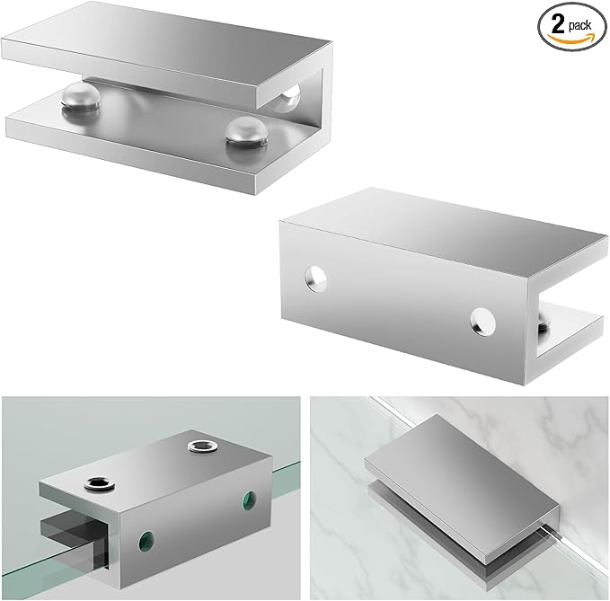 Ranbo 2 Pcs Solid Brass Glass Shelf Brackets, Heavy Duty 4mm thick design, for 1/4" to 1/2" Frameless Glass Panels, Wall Mount Support Clips for Shower and Shelves, Polished Silver