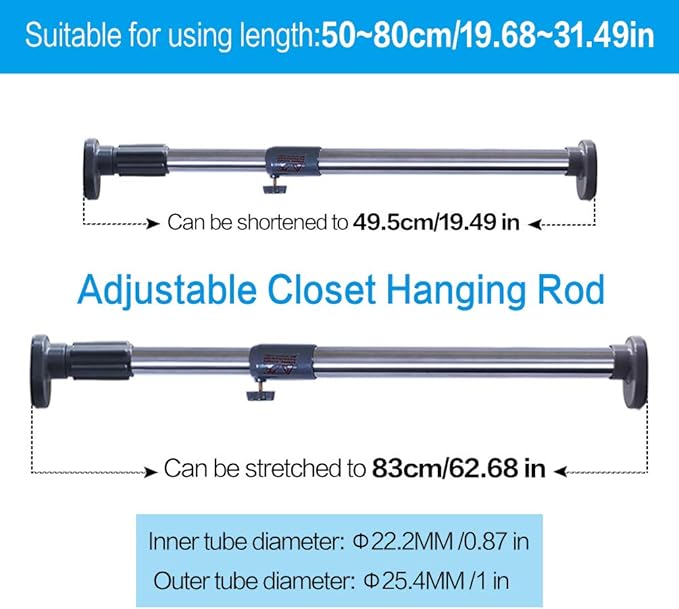 BAOYOUNI Straight Shower Curtain Rod Oval Head Extendable Window Curtain Tension Rail Bar Closet Wardrobe Clothes Hanger Pole Holder (Grey, 19.68-31.49 Inches)