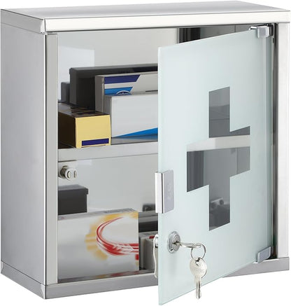 Timgle First Aid Wall Cabinet with Lock Medicine Wall Mounted Bathroom Storage Hanging Medical Cabinet with Safety Glass Door for Bathroom(2 Shelves,Silver)