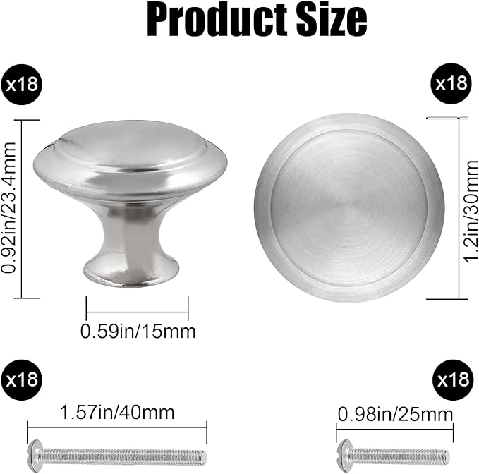 Romeda 30mm Silver Cabinet Knobs - 18 Pieces Drawer Pulls for Dressers, Kitchen, Cabinets With Screw