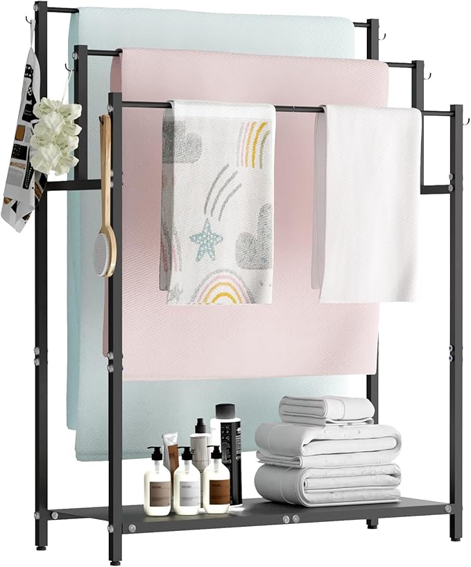 44” Tall Free Standing Towel Racks with 6 Hooks for Bathroom, 3 Tiers Oversized Pool Bath Towels Drying Stand, Metal Blanket Ladder Holder with Storage Shelf for Bedroom Living Room, Black