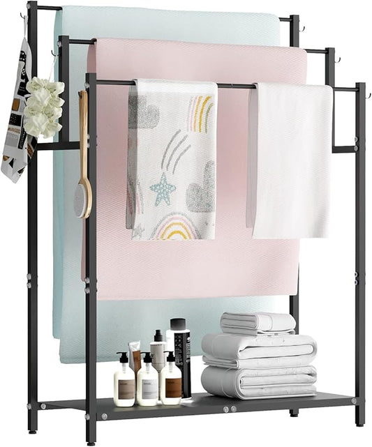 44” Tall Free Standing Towel Racks with 6 Hooks for Bathroom, 3 Tiers Oversized Pool Bath Towels Drying Stand, Metal Blanket Ladder Holder with Storage Shelf for Bedroom Living Room, Black