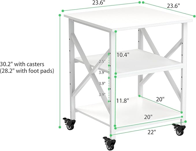 Printer Stand, 23.6 x 23.6 Inches Large Printer Stand with Adjustable Storage Shelf, 3 Tier Printer Table for Home Office, Rolling Printer Cart with Industrial Wheels, Mini Fridge Stand Table, White