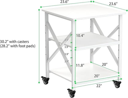 Printer Stand, 23.6 x 23.6 Inches Large Printer Stand with Adjustable Storage Shelf, 3 Tier Printer Table for Home Office, Rolling Printer Cart with Industrial Wheels, Mini Fridge Stand Table, White